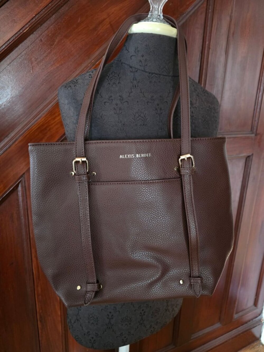 Alexis Bendel Brown Pebbled Vegan Leather Tote Bag Gold Hardware & Striped Inter